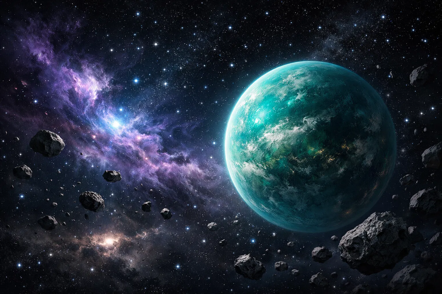 Deep space environment with planet and nebula